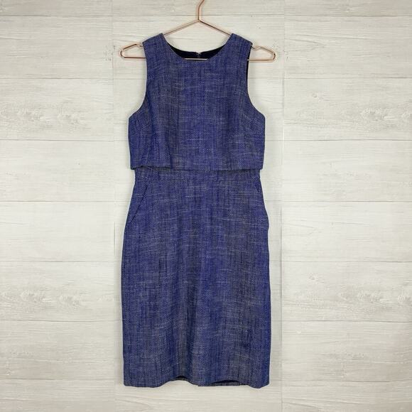 J. Crew Dresses & Skirts - J.Crew Blue Linen Blend Sheath Dress Size 2 Sleeveless Lined Herringbone Office